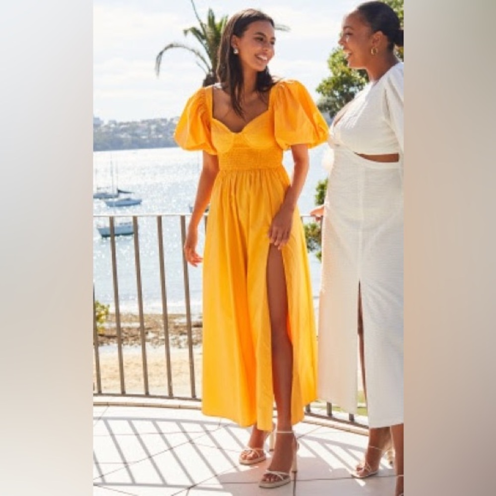 Showpo Shirred Waist Puff Sleeve Midi Dress